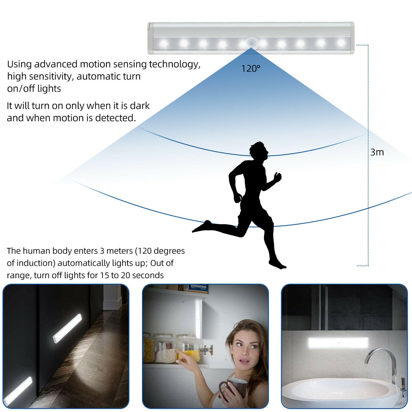 Wireless Motion Sensor Under Cabinet Closet LED Light Kitchen Counter Night Lamp